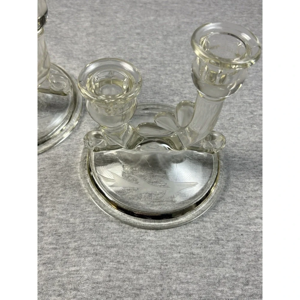 2 Glass Candle Holders VTG Jeanette 1950s Pair Clear Double‎ Lite 3375 Tulip Art